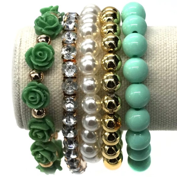 Bracelet Five Strands Stretch Green Gold Rhinestones Pearls OS. - Picture 2 of 2